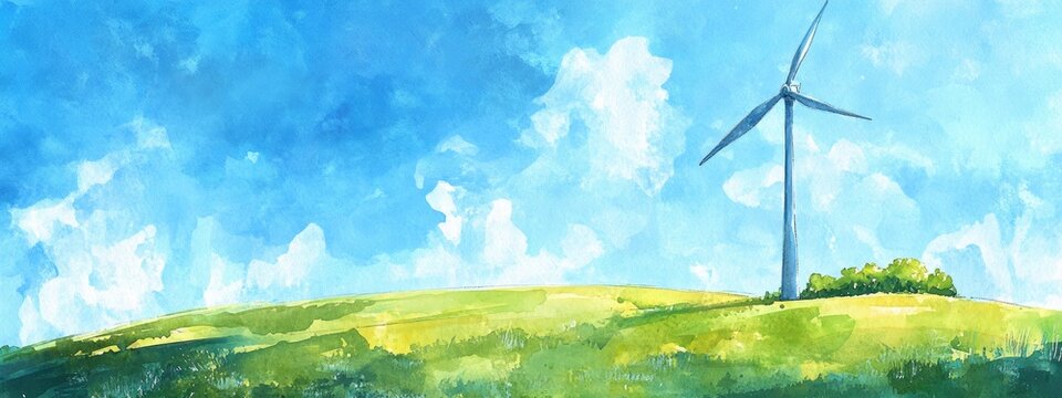 Breathtaking Green Landscape with Wind Turbine Against a Bright Blue Sky