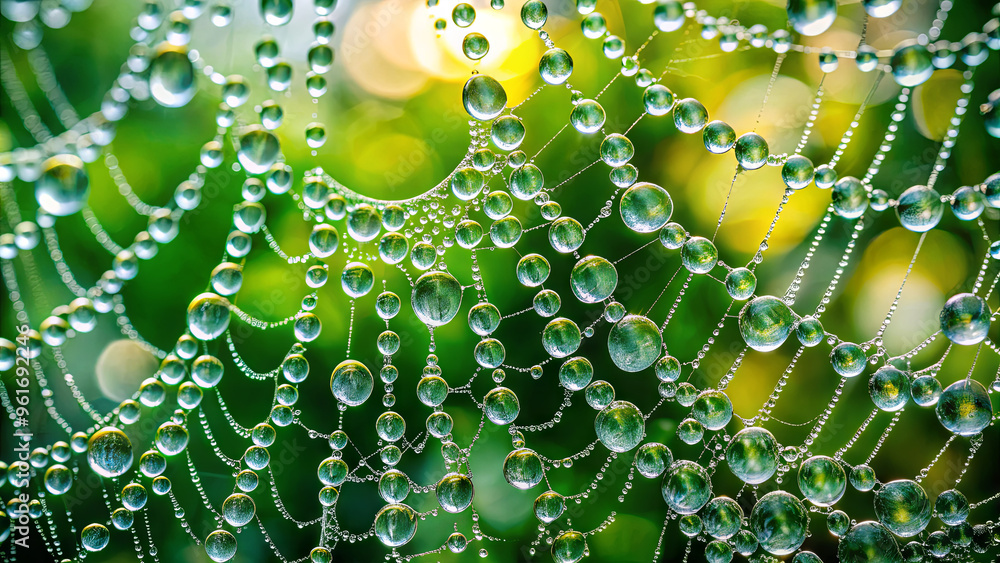 Poster dewdrops are elegantly arrayed on a spiderweb, reflecting the sunlight and sparkling in a vibrant gr