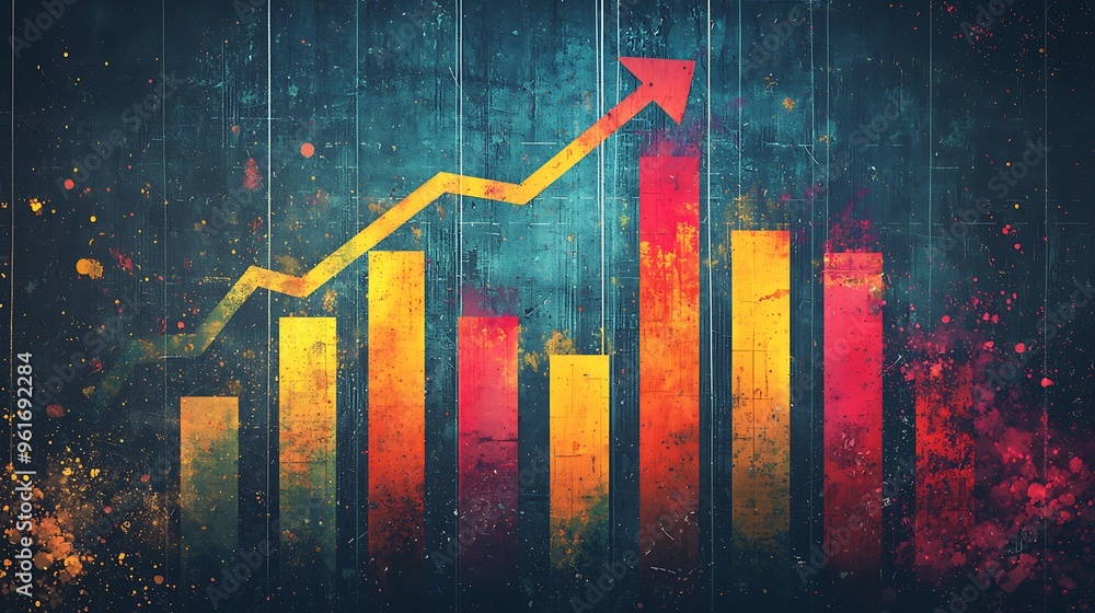 Poster an abstract grunge bar graph with an upward arrow, emphasizing growth and success with a bold style.