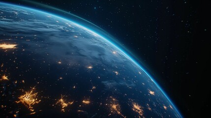 Fototapeta premium A stunning view of Earth at night showcasing illuminated cities and the atmosphere from space during twilight hours