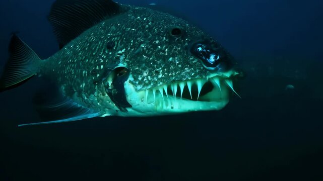 Atlantic wreckfish swimming in dark ocean water