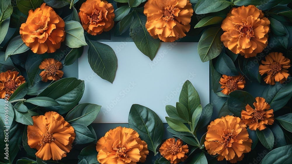 Poster A beautiful arrangement of Marigold flower and lush green leaves surrounding a blank white rectangular card. The flower are gracefully placed on the left and right sides. Generative AI.