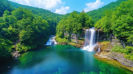Fototapeta premium Majestic Waterfall Cascading into Serene Blue Pool