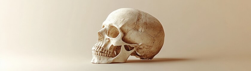 Realistic skull in 3D realism, capturing intricate bone textures and wear, isolated on a pale beige background