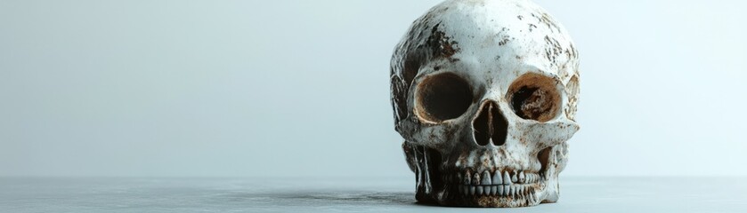 Realistic 3D skull model with signs of decay, rendered with attention to detail, placed on a muted white backdrop