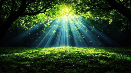 Obraz premium Watercolor illustration of an enchanting forest landscape, with sunlight filtering through the leaves