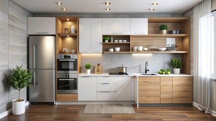 Compact kitchen area optimized for limited space, featuring functional storage, modern appliances, and minimalist