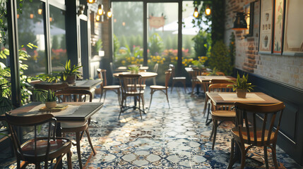 sunlit cafe interior with plants, artwork, and patterned tiles