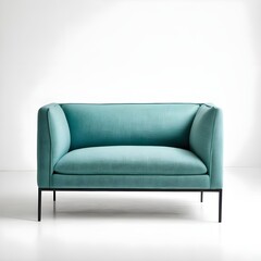 Fototapeta premium Modern Accent Sofa Chair with Sleek Lines, Soft Teal Fabric, and Black Metal Frame – Bold Minimalist Design, sofa chair on a white background