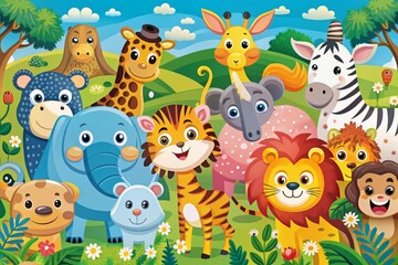 Obraz premium fun cartoon animal world design vector graphics bright colors playful mood serious