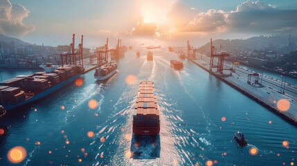 A clean and automated container harbor, unmanned automated container ships in motion, clear skies and sparkling sea. Aerial high view. Generative AI.