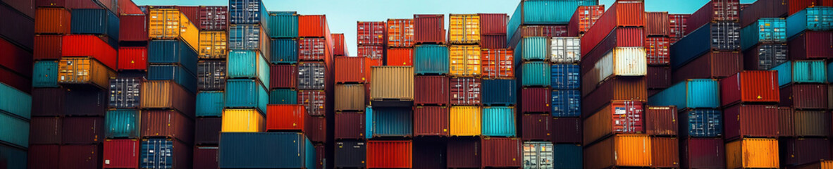 Fototapeta premium the sheer magnitude of a mountainous stack of containers in a bustling container yard, illustrating the magnitude of international trade and the complex logistics involved