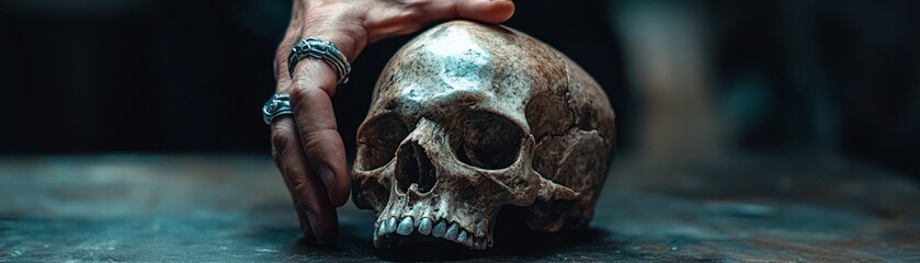 One hand with silver rings lightly touches the crown of a polished skull, the bone glowing under soft, clean lighting.