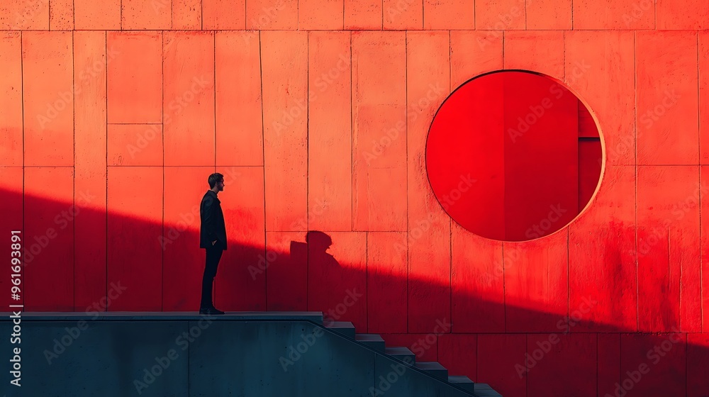Poster a man stands in front of a red wall with a circular window, capturing a striking and minimalist scen