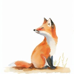 Obraz premium Watercolor painting of a red fox sitting on a brown patch of ground.