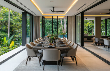 Luxury interior of dining room with table and chair. Created with Ai 