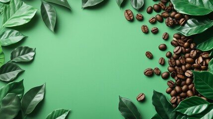 Coffee beans with green leaves against a matte green background.