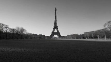Lonely Torre Eiffel with an empty Champs de Mars and clear skies, emphasizing the iconic Parisian landmark