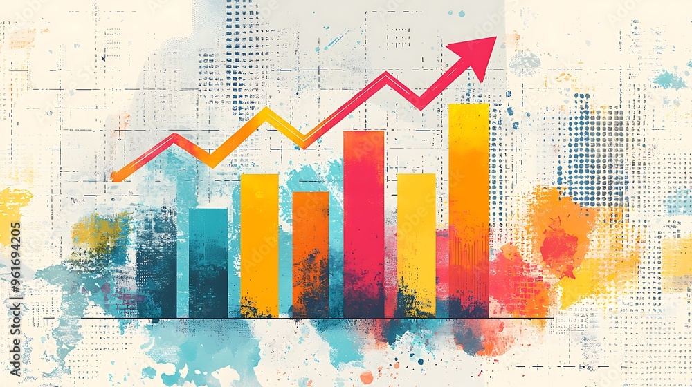 Poster an abstract watercolor chart with a red arrow and colorful bars, blending artistic flair with data r