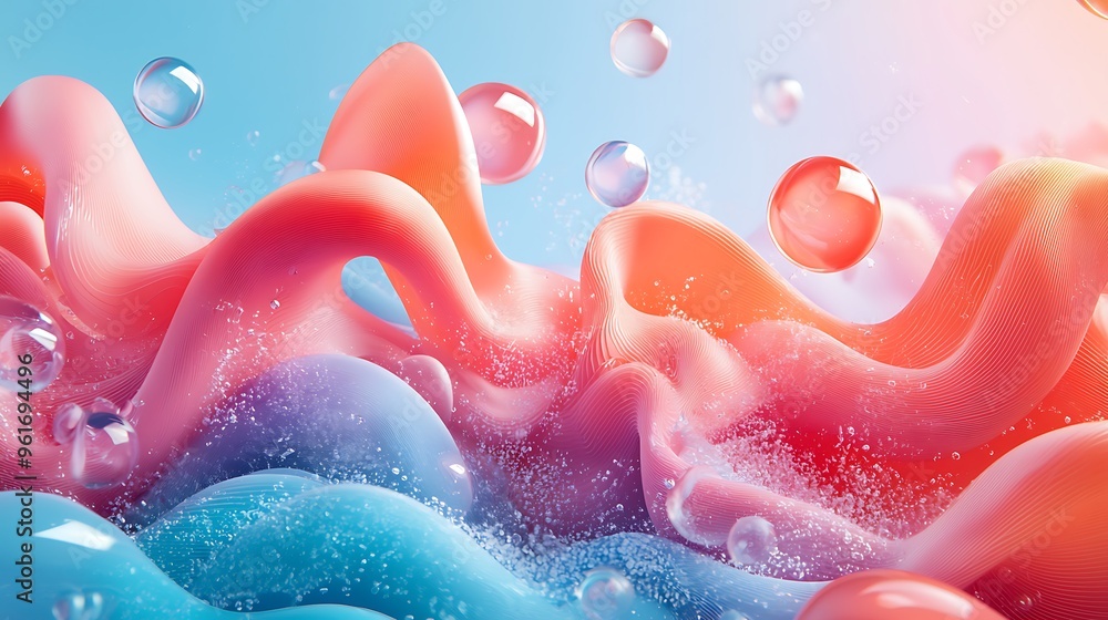 Aufkleber an abstract pink and blue wavy background with bubbles, blending soft colors with fluid forms.