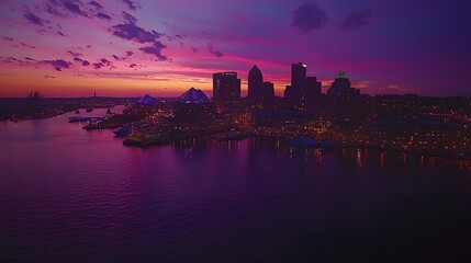 Naklejka premium Twilight cityscape featuring a vibrant skyline and colorful sunset over the water.