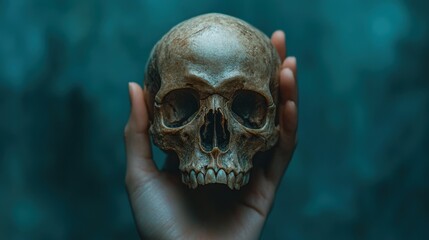 One hand grasps a skull from the top, its hollow eyes staring forward, under soft, even lighting on a clear background.