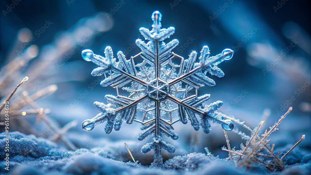 Poster a stunning snowflake showcases intricate patterns while resting on a blanket of frost-covered grass,