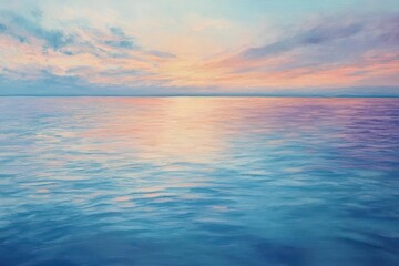 Obraz premium A serene sunset over a quiet ocean, with the sky painted in soft pastel hues, reflecting on the waters surface