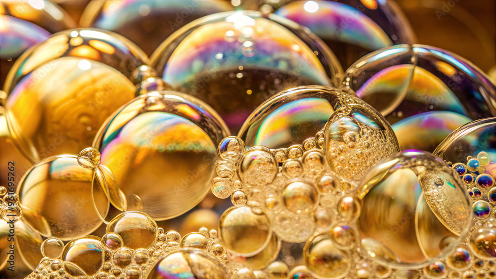 Poster bubbles are clustered together, revealing intricate iridescent colors and reflections against a warm