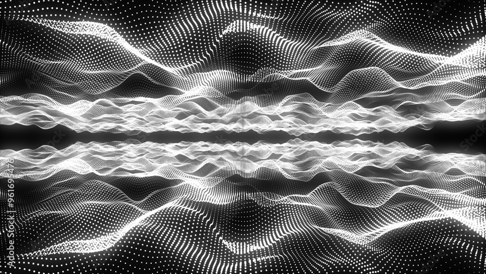 Poster futuristic abstract white glowing waves from dots and particles lines from above and below on a blac