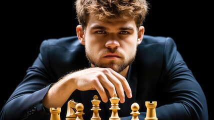 A focused chess player strategizes his next move, surrounded by classic wooden pieces in a dramatic light.