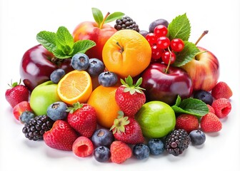 Delightful compositions of fresh, ripe fruits in their natural colors sit on a clean white surface, radiating warmth