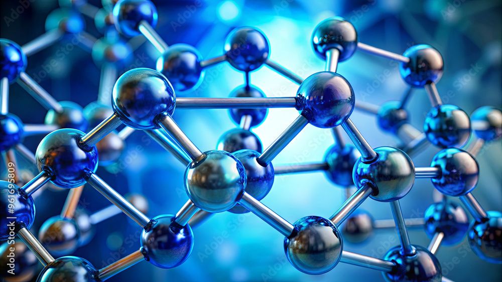 Poster the visual highlights a complex arrangement of blue spheres connected by metallic structures, repres