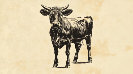 A logo featuring a cow, designed for a farm that sells Angus beef. It has a vintage style.