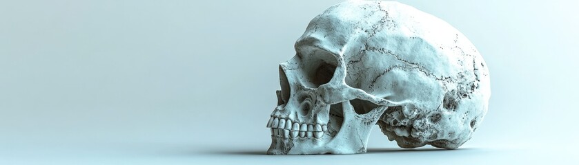 Close-up view of a hyper-realistic skull in 3D, highlighting detailed bone structure, isolated on a light grey backdrop