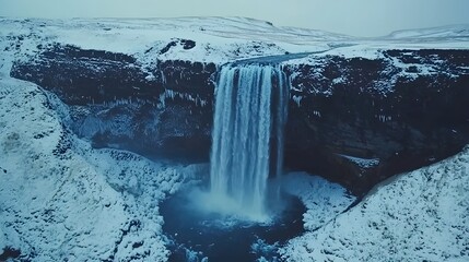 Majestic waterfall cascading over icy cliffs in a winter wonderland.