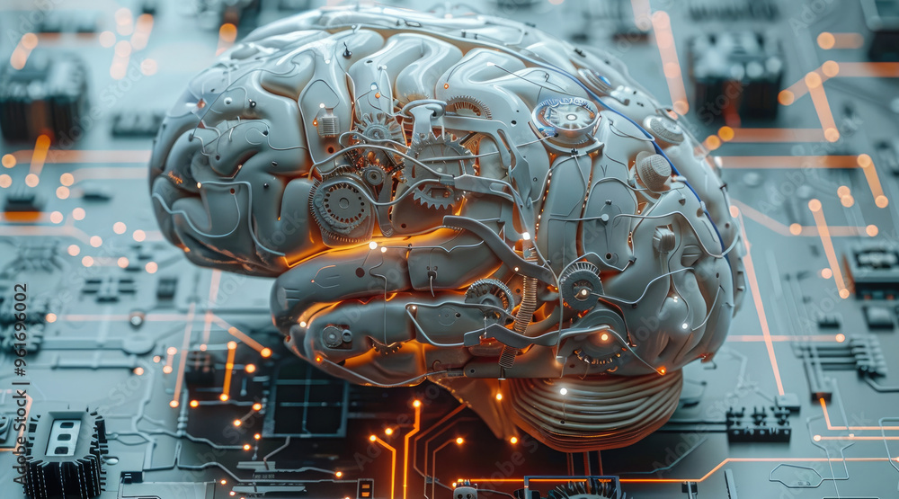 Aufkleber High-tech human brain combining human intelligence with machine learning, comprising mechanical cogs and electronic circuits. Generative AI.