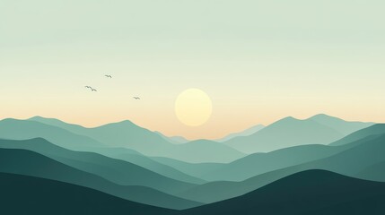 Minimalist vector art of a tranquil mountain landscape with subtle gradients and clean lines, perfect for a serene backdrop