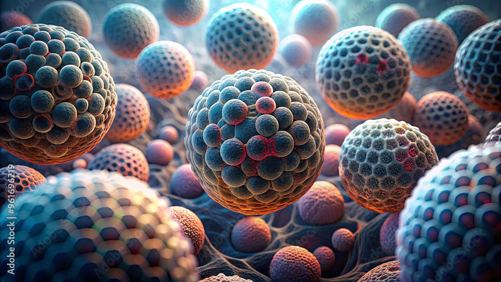 Poster a vibrant collection of microbial structures is observed under a microscope, showcasing intricate de