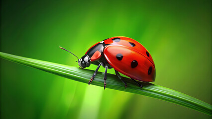 Fototapeta premium A bright red ladybug with black spots is perched delicately on a green leaf. The lush background enhances the colorful beauty of this tiny insect in nature