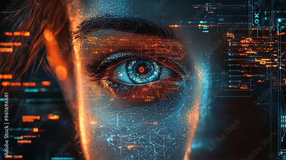 Poster a digital eye with circuitry and data flow, symbolizing the convergence of technology and human perc