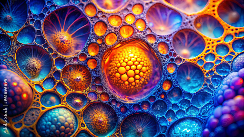 Aufkleber an intricate arrangement of colorful spheres resembling cells fills the view, highlighted by vibrant