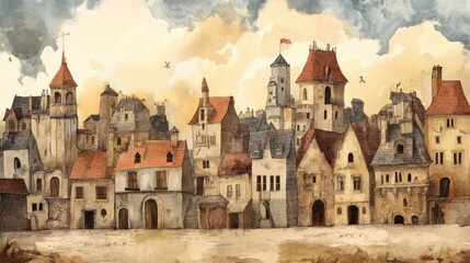 Naklejka premium Charming Medieval Townscape in Watercolor Style Capturing Timeless Architecture and Rustic Elegance