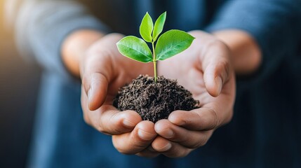 A close-up of hands nurturing a young plant, symbolizing growth, care, and environmental sustainability in a natural setting.