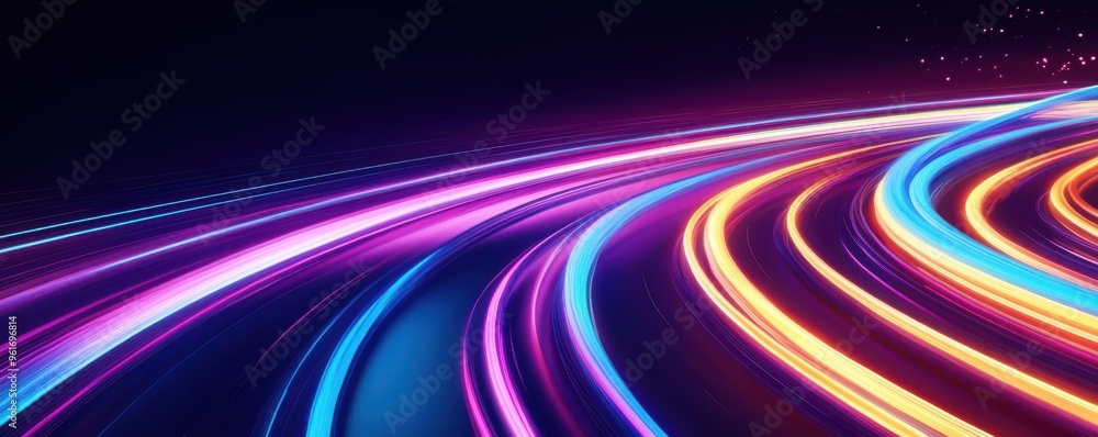 Poster vibrant digital artwork showcasing abstract neon lights in motion, creating a dynamic and futuristic