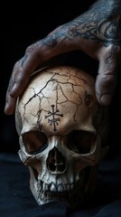 A single hand, tattooed with symbols of death, lightly grips the side of a skull, illuminated by soft, even lighting.