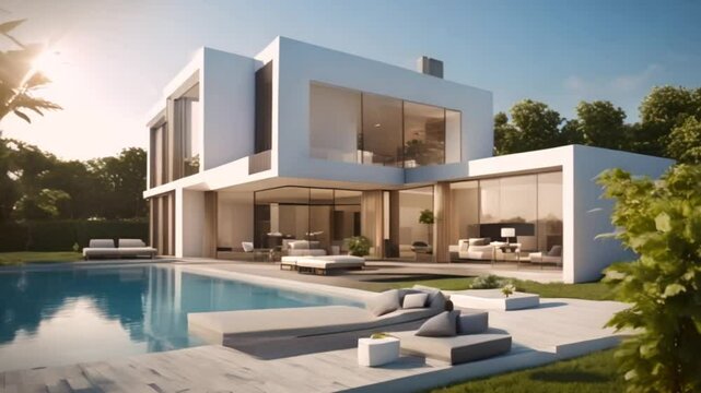 3D animation with a cubic modern house with garden and a lounge area by the pool