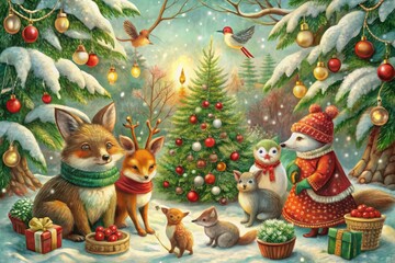 Fototapeta premium Gift-giving inspiration idea winter wonderland cozy illustrations festive colors red green gold vintage woodland creatures whimsical soft brushes