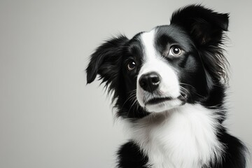 Fototapeta premium studio headshot portrait of black and white dog tilting head looking forward against a light gray background , ai