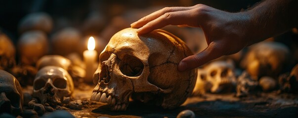 A single hand rests on the top of a smooth skull, the bone's surface illuminated by soft, clean lighting.